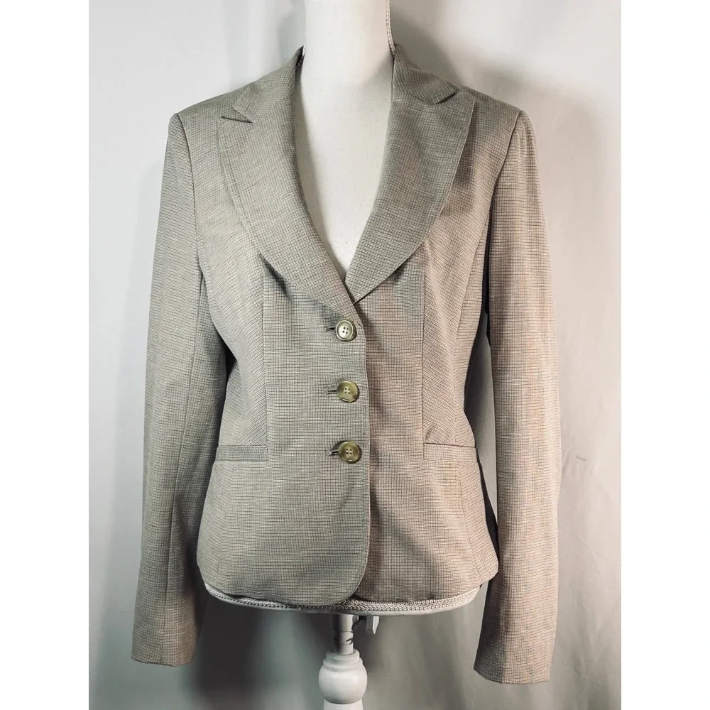 The Limited Womens Tan Brown Micro Check‎ 3 Button Blazer Jacket Size 10 Office